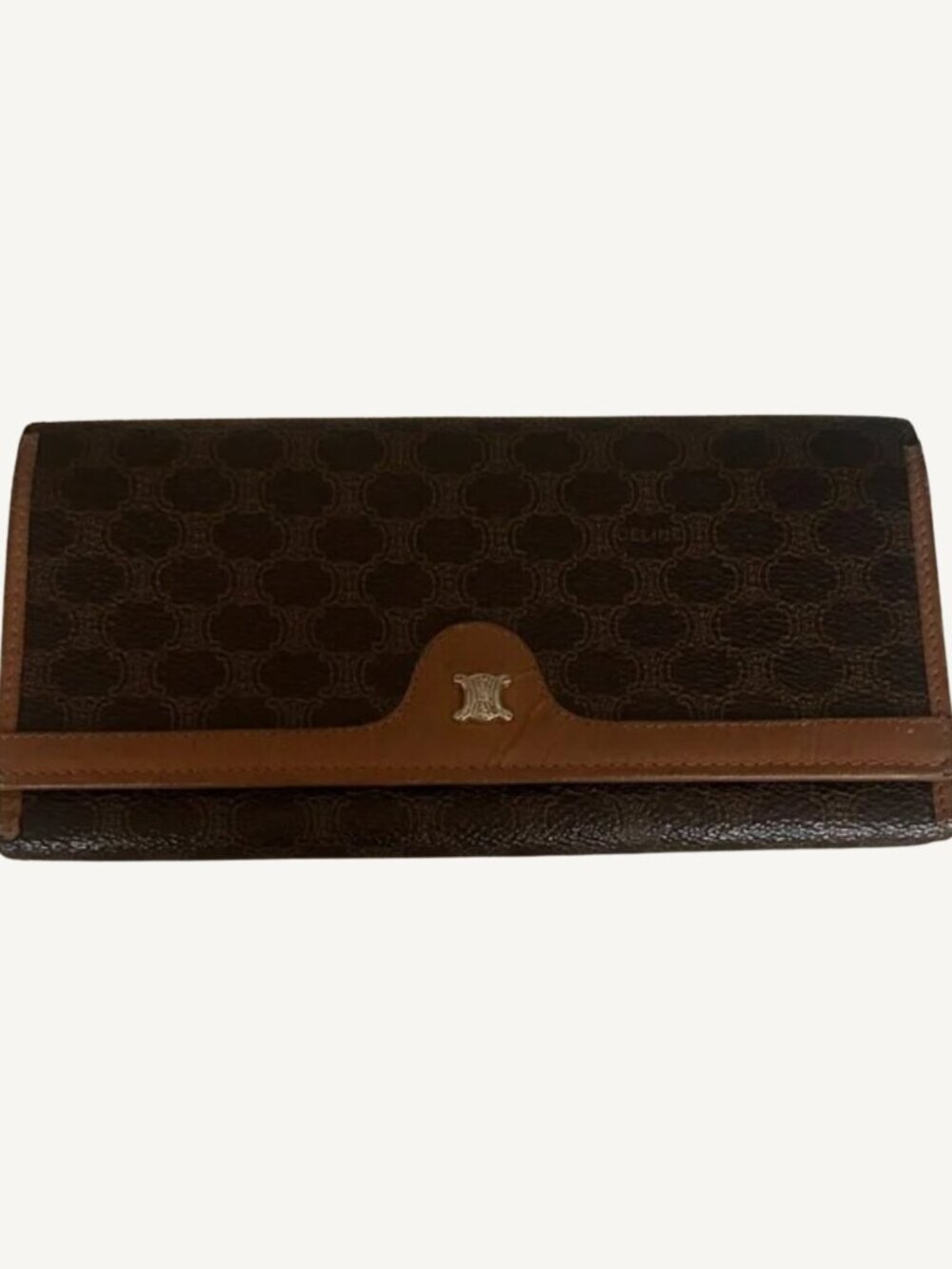 Authentic Vintage Celine Triomphe Macadam Long Wallet Brown Leather Italy